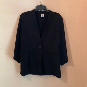 CAbi Black Turner Jacket (Item 3026).  Angle sleeves, slimming seaming.